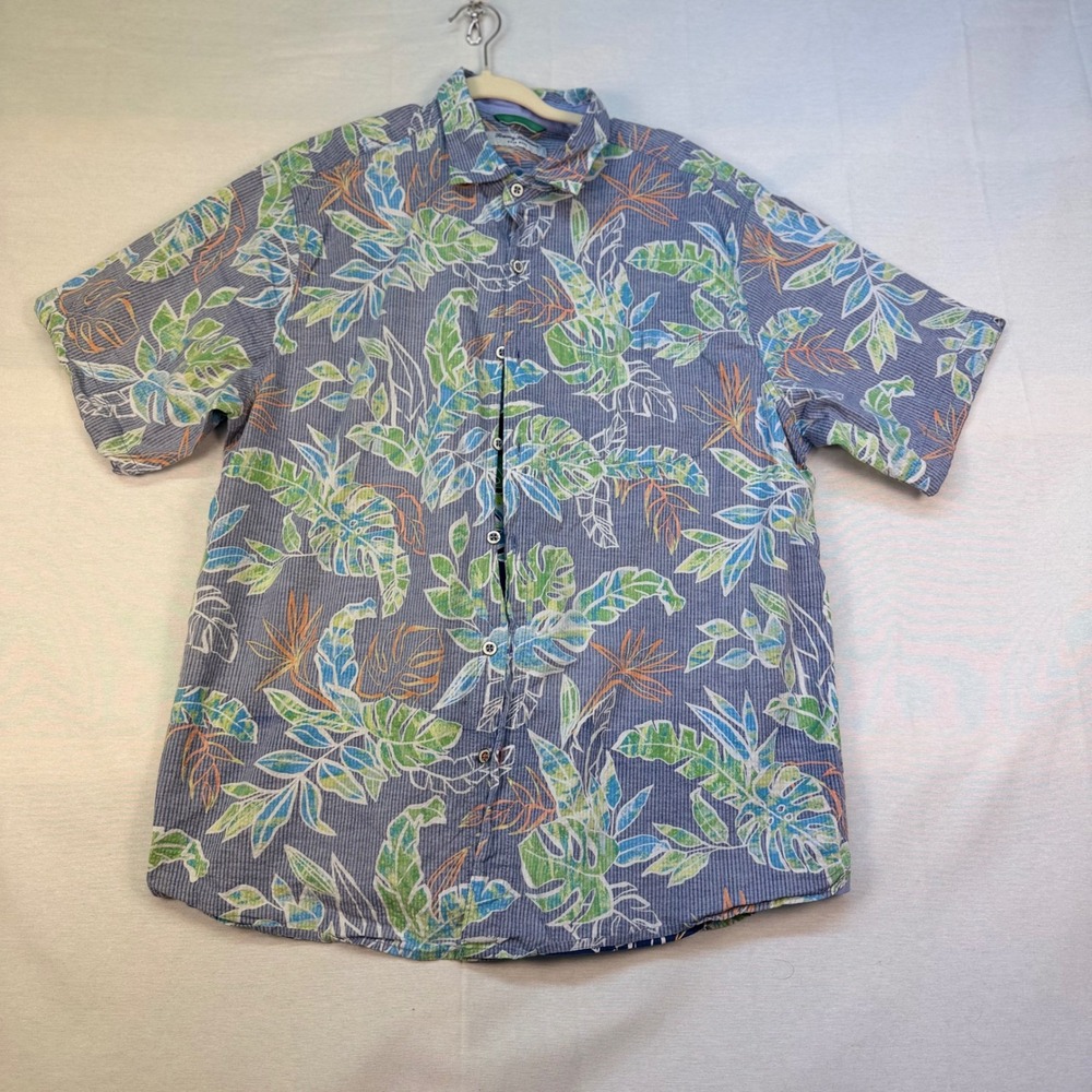 Tommy Bahama Nova Wave Mens Large Blue Tropical Floral Cotton Stretch Shirt